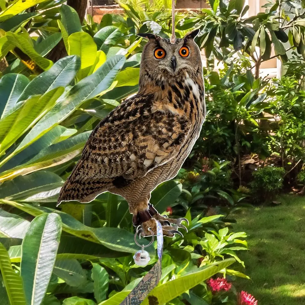 Owl Wind Chime With Bells Bird Repel Owl Scarecrow Rectangle Hanging Fake Bird Scare Device Waterproof Bird Repeller Patio