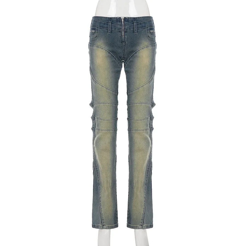 Vaqueros largos divididos de estilo retro de calle americana con un diseño sexy de pierna recta informal ajustado de tiro bajo