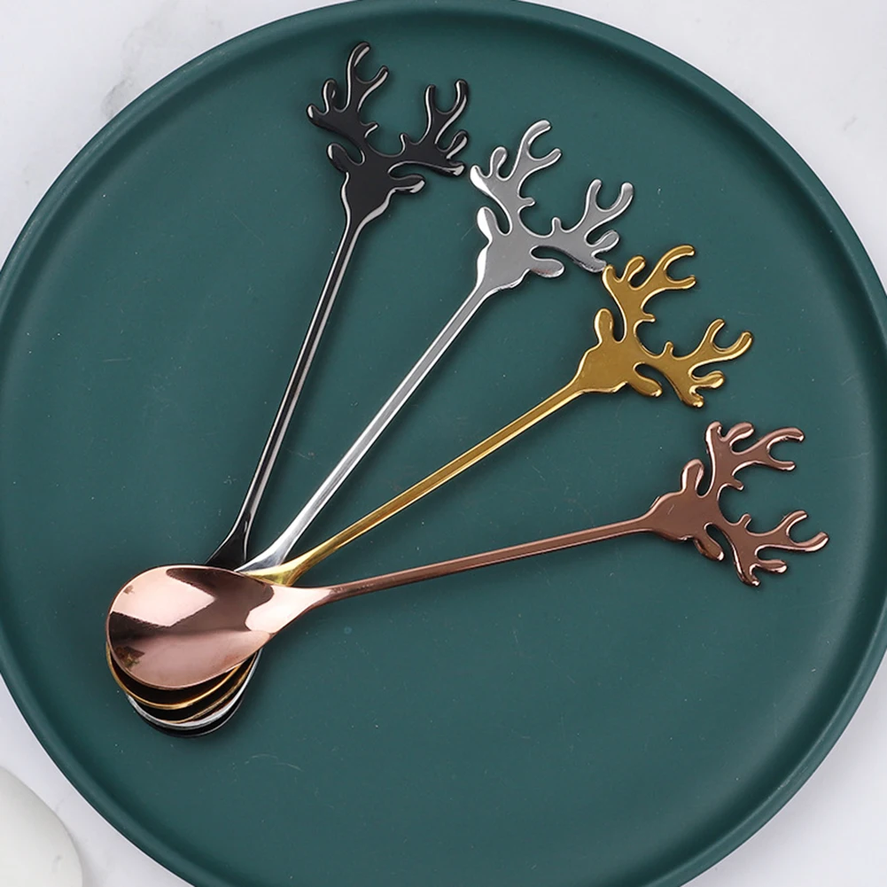 Sendok kopi Stainless Steel 14*2.4CM, sendok kopi kepala rusa, emas mawar, 1 buah sendok kopi kualitas tinggi
