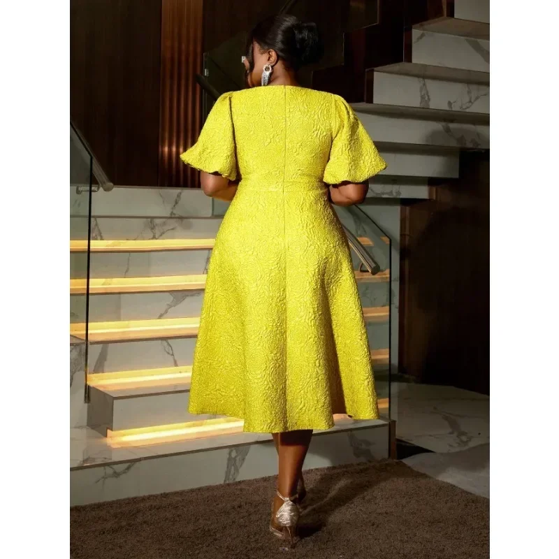 Women Elegant Yellow Jacquard A-line Dres Diagonal Collar Short Puff Sleeve High Waist Prom Evening Celebrate Gown 2025