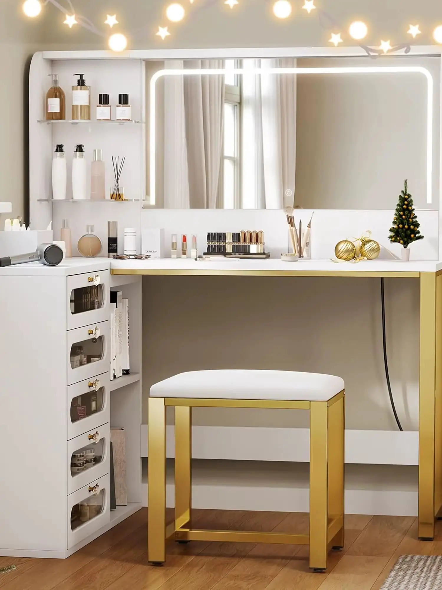 Fangange moderne houten kaptafelset met spiegel en kruk, met grote opbergruimte, voor woonkamer, slaapkamer, badkamer - afbeelding 2