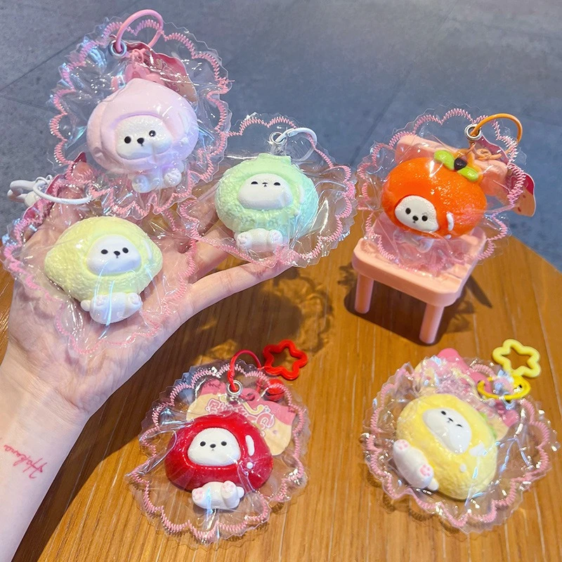 Fruit Headgear Puppy Stress Relief Squishy Dog Squeeze Toy Silicone Decompression Keychain Bag Charm