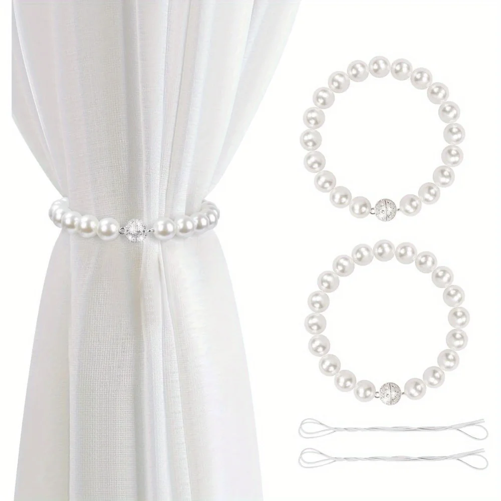

Pearl Curtain Tiebacks - 2 Pack Art Style Holdbacks with Strong Magnet and Double Elastic Cord for and Office Window Decor (W