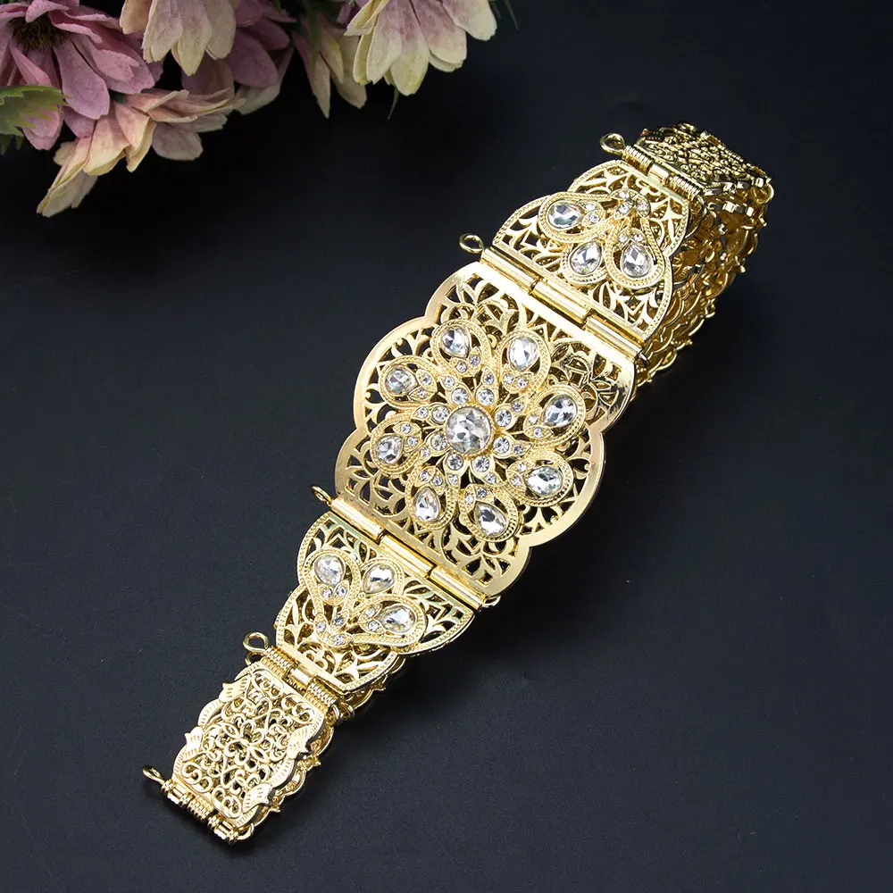 POYASA Chic Moroccan Caftan Belt Arabic Women Dress Waist Chain Gold Color Crystal Metal Waistband Algeria Bride Wedding Jewelry