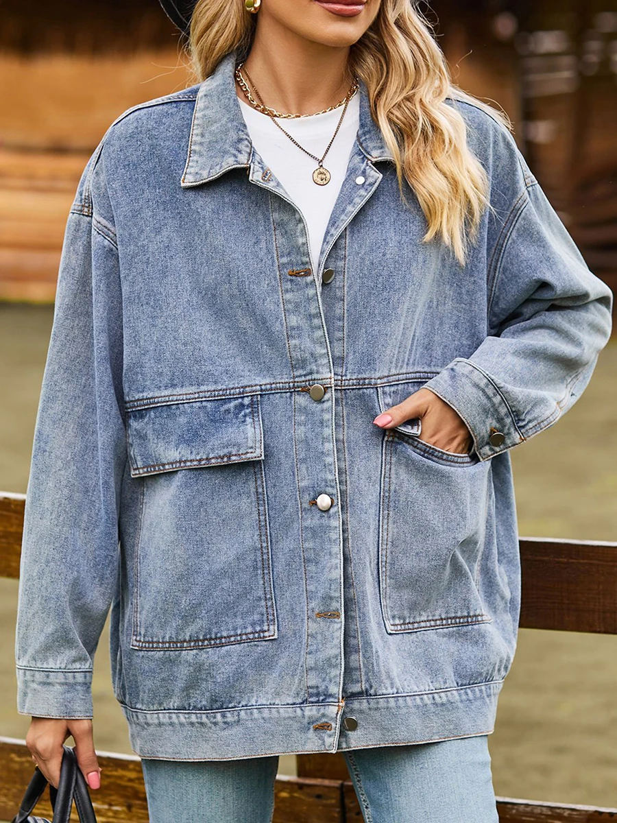 Women s Distressed Oversized Denim Jacket Vintage Long Sleeve Button Down Boyfriend Jean Jacket Biker Coat with Pockets