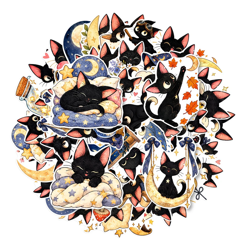 10/30/50pcs Cartoon Star Moon Black Cat Stickers Kawaii Kitten Decal for Notebook Tablet Scrapbook Animals Pattern Sticker Packs