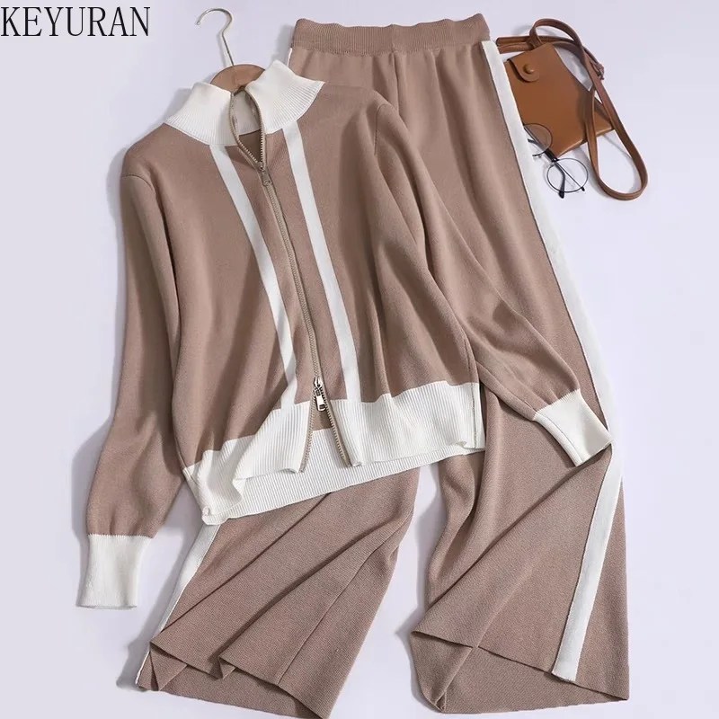 

Casual Knitted Two Pieces Sets Women 2024 Streetwear Stand-up Collar Double Zipper Cardigan Sweater + Loose Wide Leg Pants Suits