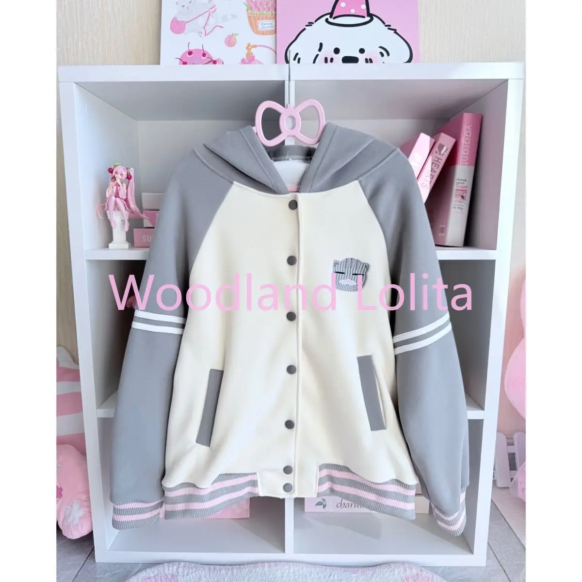Japanese Y2k Aesthetics Hooded Coats Women Preppy Style Cartoon Cat Embroidery Kawaii Tops Harajuku Loose Single Breasted Jacket