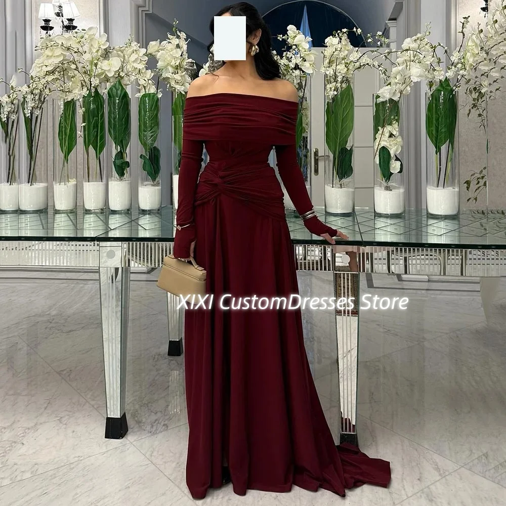 Luxury Evening Dresses Off-The-Shoulder Neckline Customized Ruffle Floor-Length Formal Occasion Dresses Zipper Up Long Sleeves