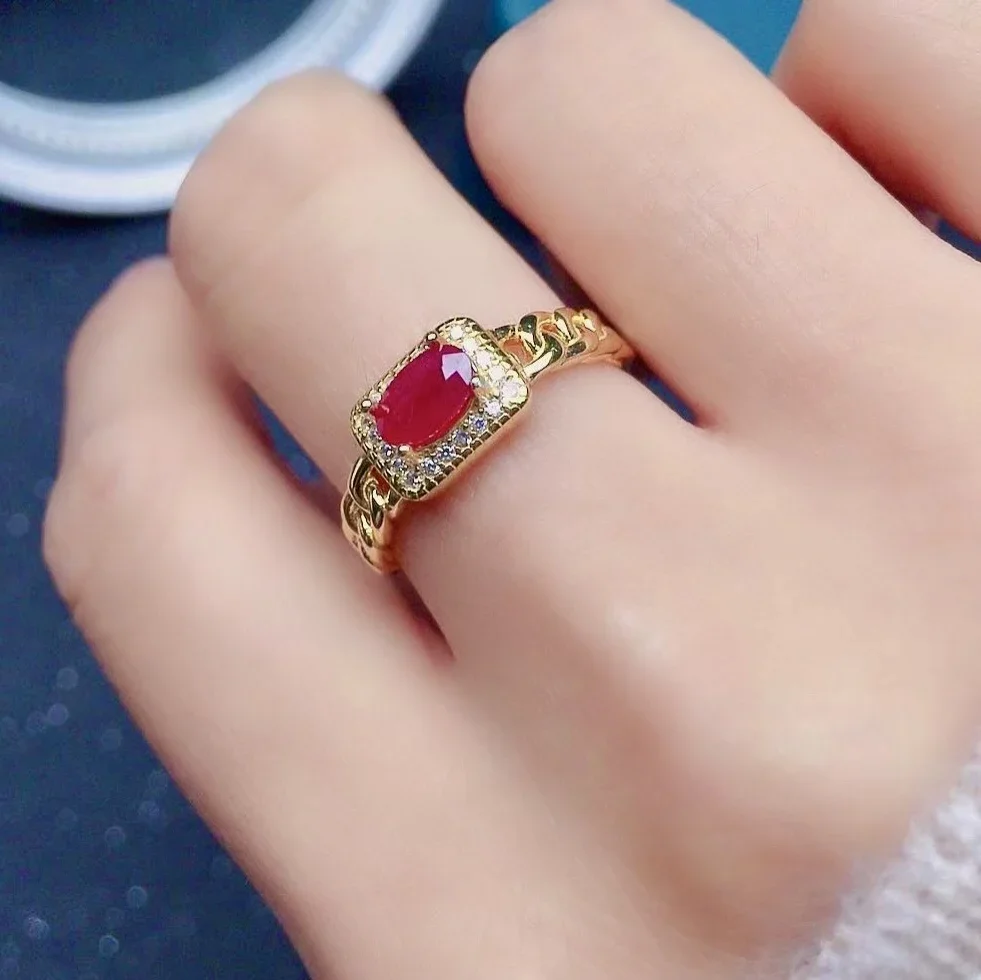 Fashion Silver Chain Ring with Gemstone  100% Natural Ruby Ring Solid 925 Silver Ruby4mm*6mm Jewelry Side Gemstone Moissanite