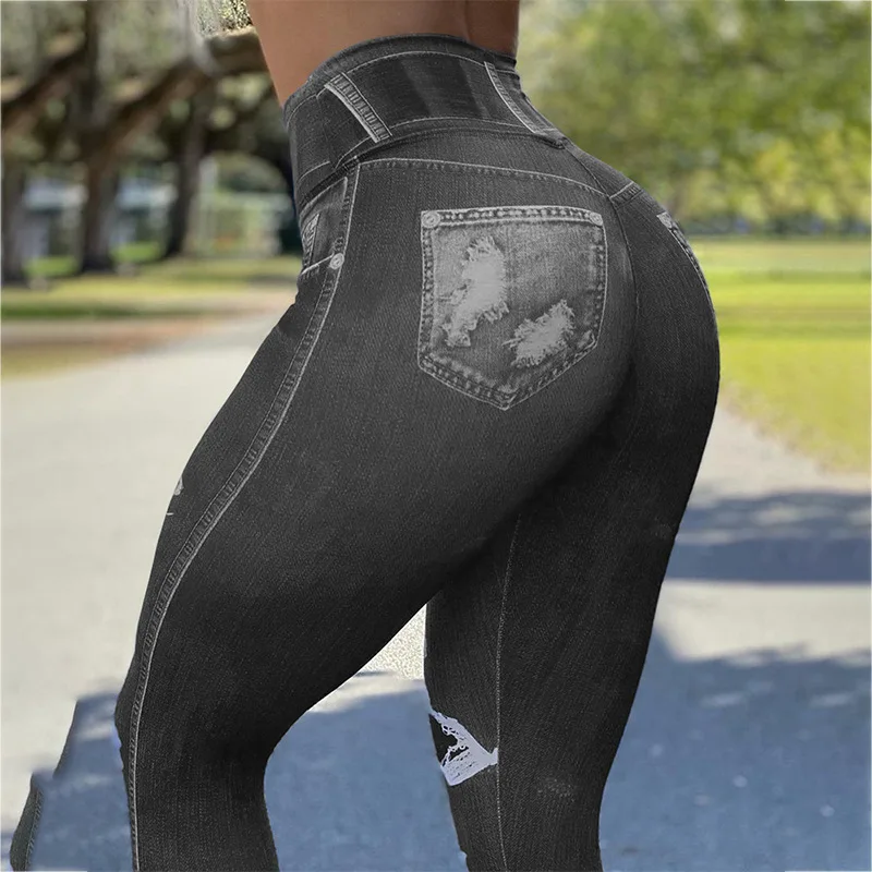 trousers ladies 2023 New Spring High Waist High Stretch Faux Denim Leggings Fitness Sports Yoga Women\'s Pants Streetwear Y2K