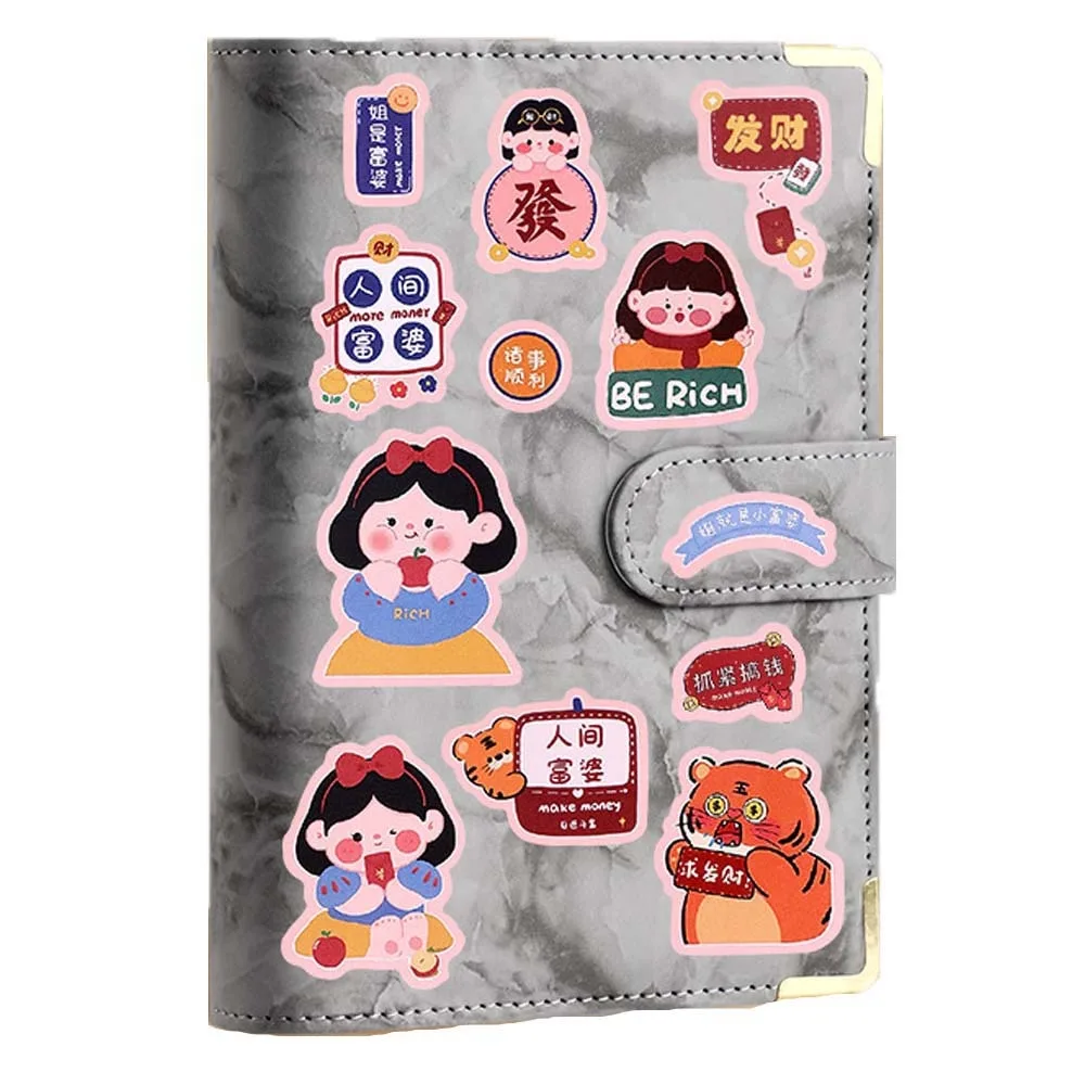 A6 Cash Budget Ledger Magnetic Button Ruler Loose-leaf Notebook Academic Weekly Agenda Cartoon Stickers PU Leather Folder