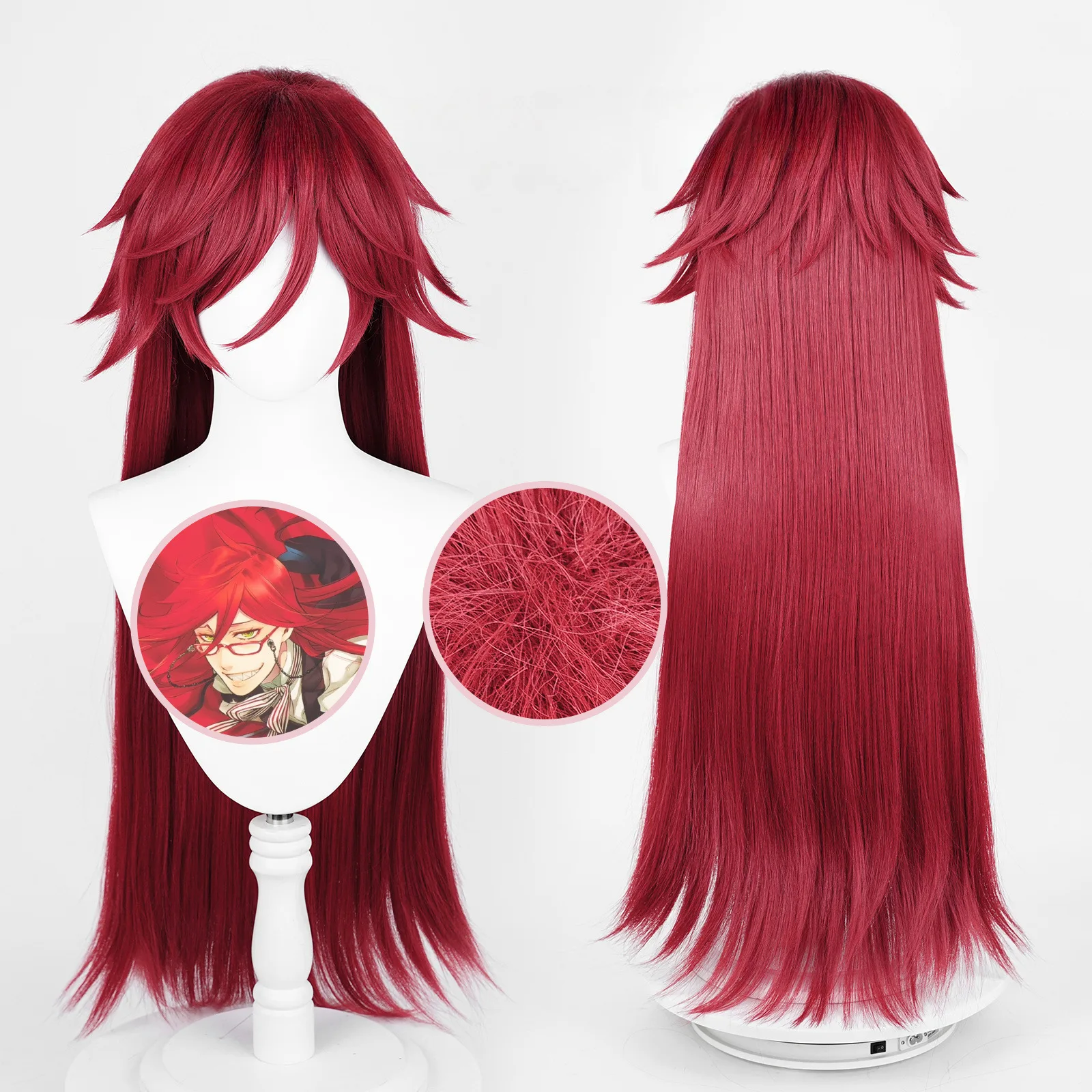 Black Butler Grim Reaper - Grell Peluca de cosplay de color rojo oscuro Peluca COS de cuero realista