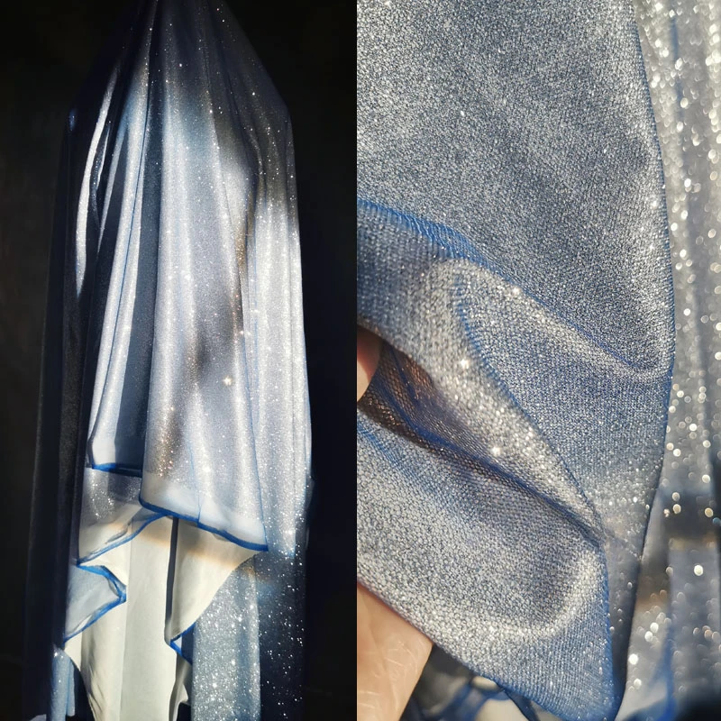 Blue Shimmering Silver Powder Cloth Knitted Drape Fabric Stage Wedding DIY Dress Designer Fabric