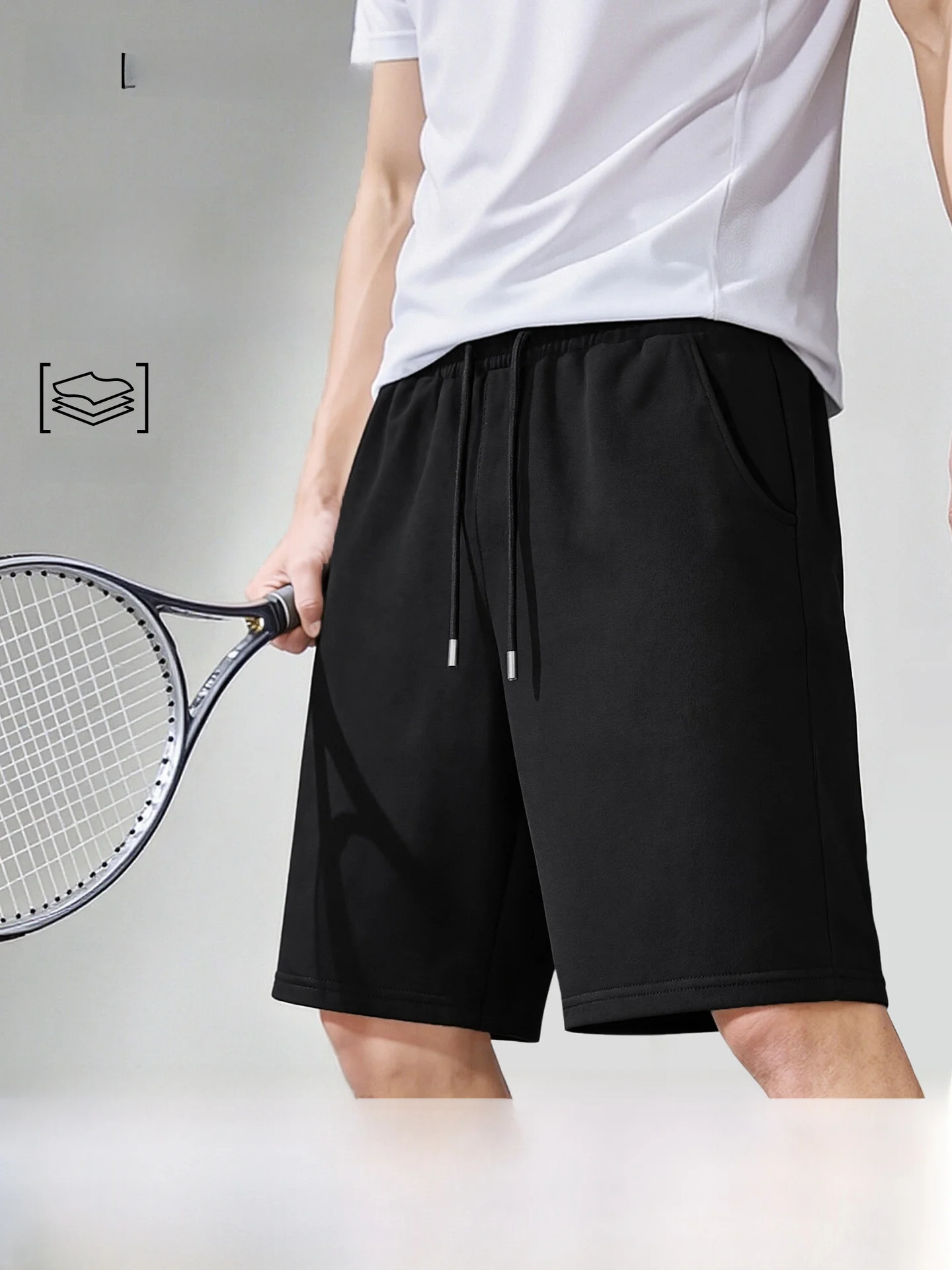 

Мужские хлопковые дышащие летние брюки свободного кроя с эластичным поясом, длиной до колена, для повседневной носки, черные