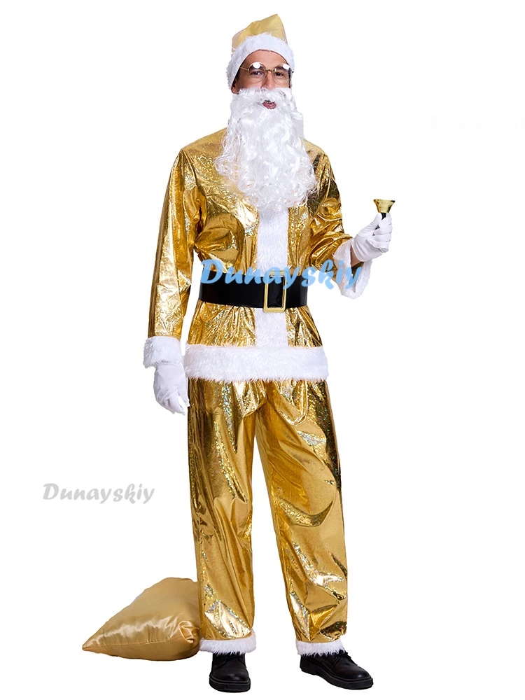 Gouden Kerst Kerstman Kostuum Mannen Gouden Baard Top Doek Broek Hoed Riem Baard Halloween Verkleedpak Cosplay Festival Outfit