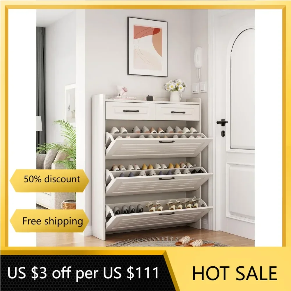 Shoe Cabinet, Entryway Cabinet Wooden Shoe Rack with 3 Flip Drawers and 2 Drawers, 3-Tier Adjustable Shelves Shoe Cabinet