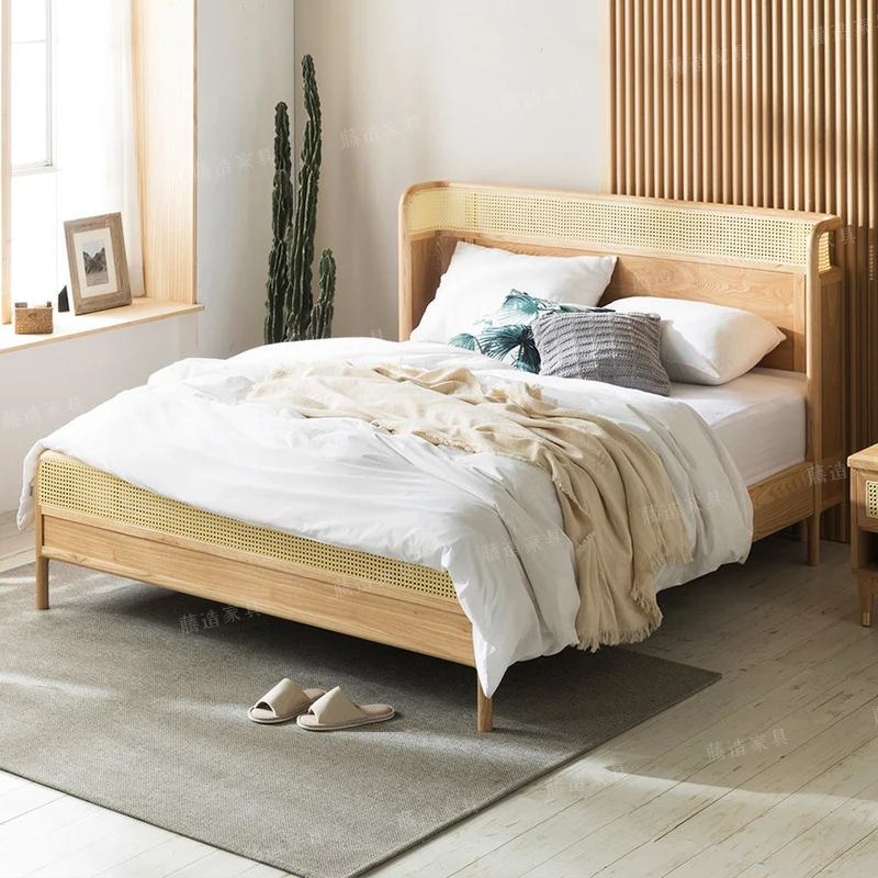 Customized Japanese rattan bed homestay furniture, wooden back single double bed, solid wood Nordic 1.8-meter modern