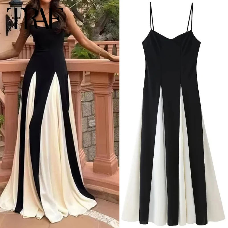 TRAF Patchwork Slip Dress Female Fashion Summer Dresses 2024 Midi V-Neck Sleeveless Backless Long Dress Elegant Vacation Dresses