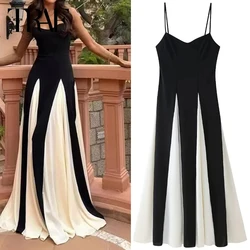 TRAF Patchwork Slip Dress Female Fashion Summer Dresses 2024 Midi V-Neck Sleeveless Backless Long Dress Elegant Vacation Dresses