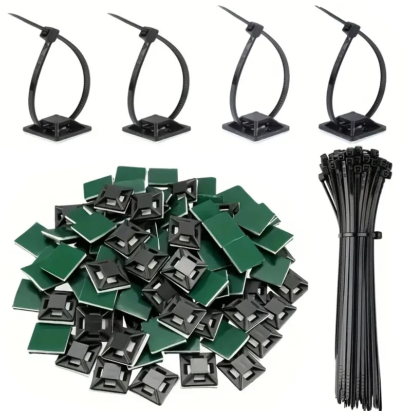 200 Self-Locking Cable Ties with Self-Adhesive Backing - Cable Management for Secure Wire Fixation, Transport Tying, and Fixatio