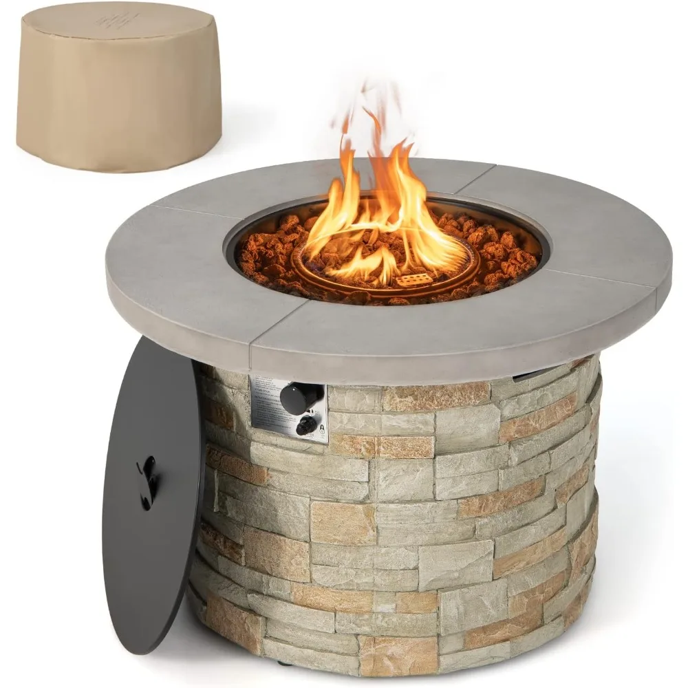 Outdoor Fire Pit Table, Propane Gas Fire Pit Table, 36” Round Table W/Volcanic Rock & PVC Cover, Fire Pit