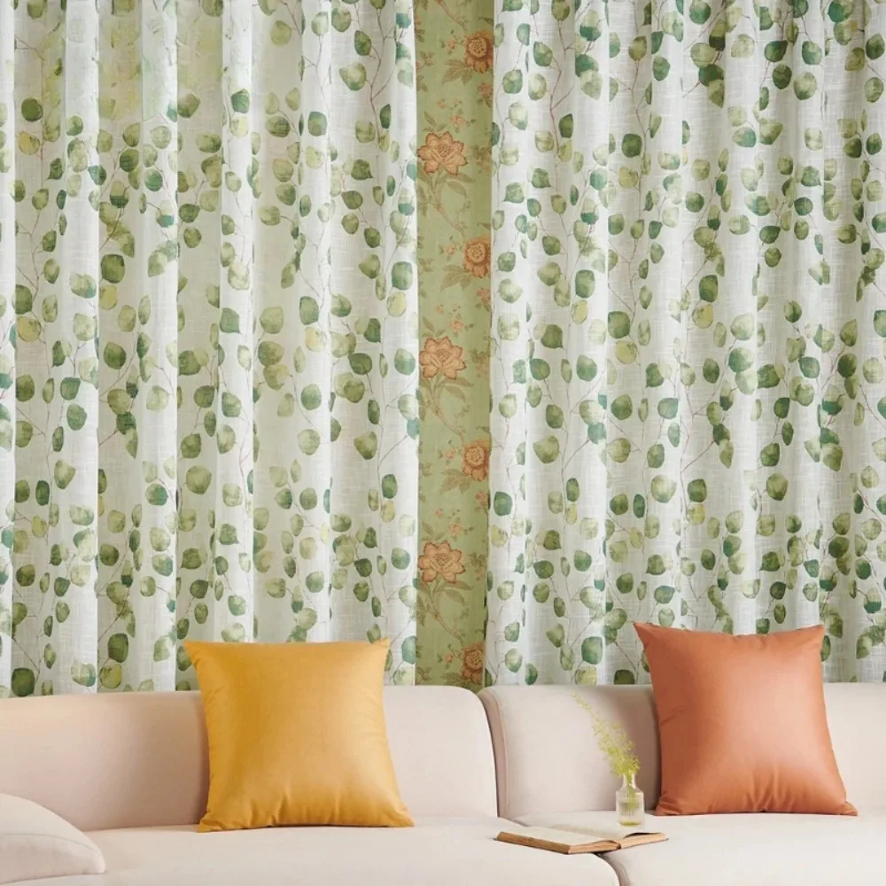 American Minimalist Leaf Print Window Screen Semi Transparent Curtains for Living Room Bedroom Dining Room Thicken Shade Curtain