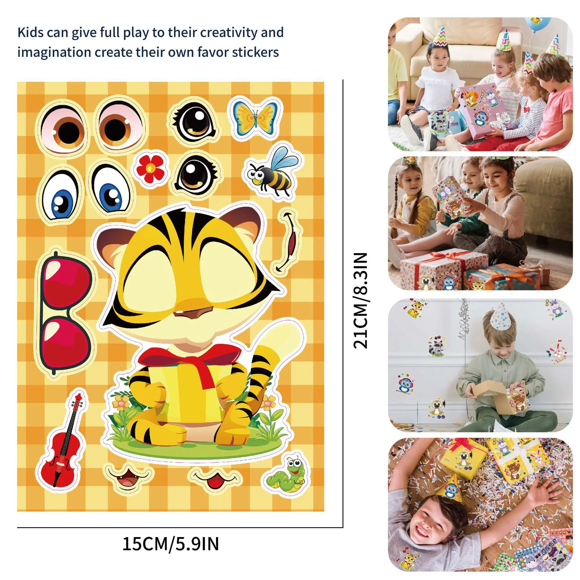 8/16Sheets Kids Make a Face Animals Puzzle Stickers Toys Create Your Own Tiger Raccoon Rabbit Cartoon Assemble Jigsaw Party Game