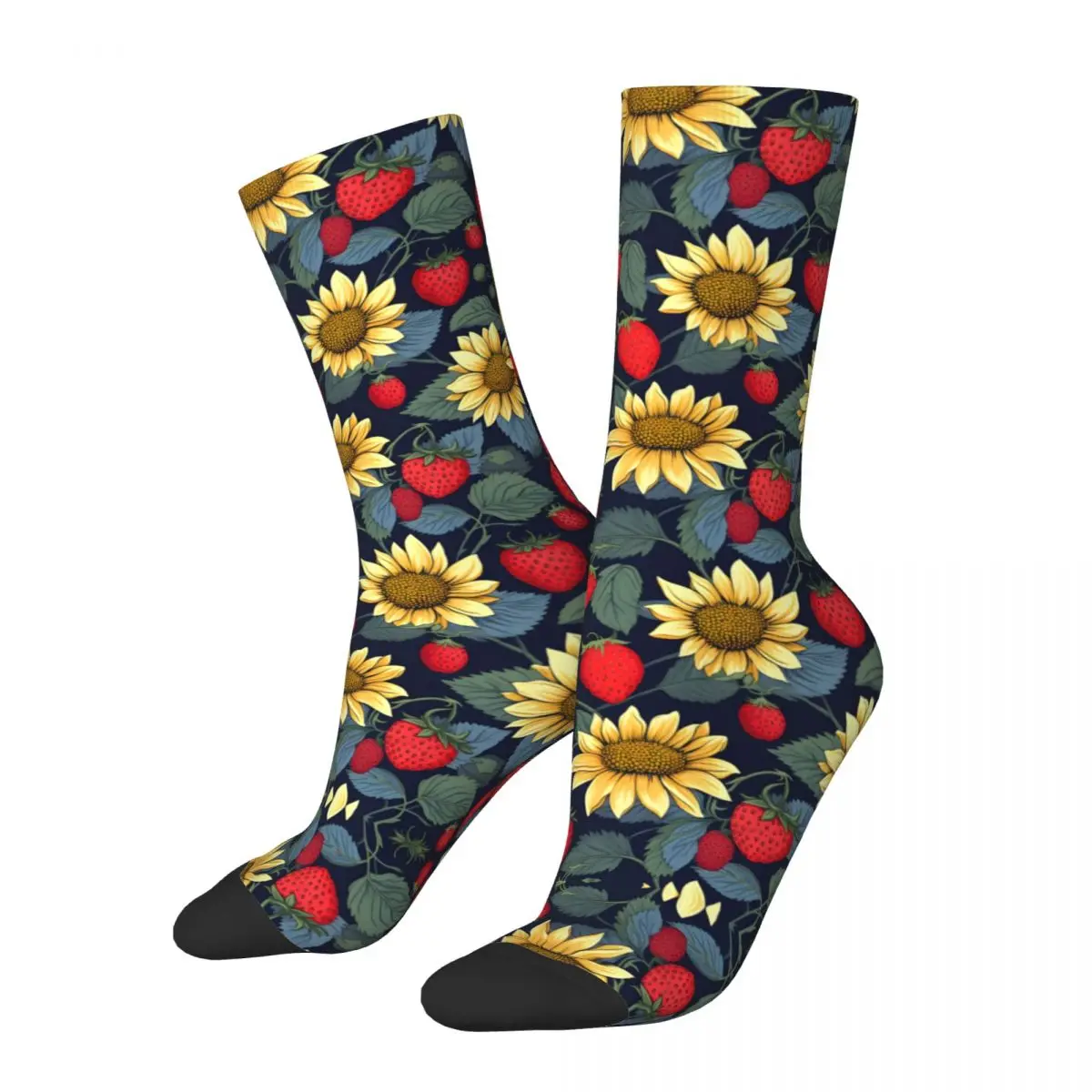 Retro Strawberries Sunflowers Seamless Pattern Men's compression Socks Unisex Street Style Pattern Printed Novelty Crew Sock