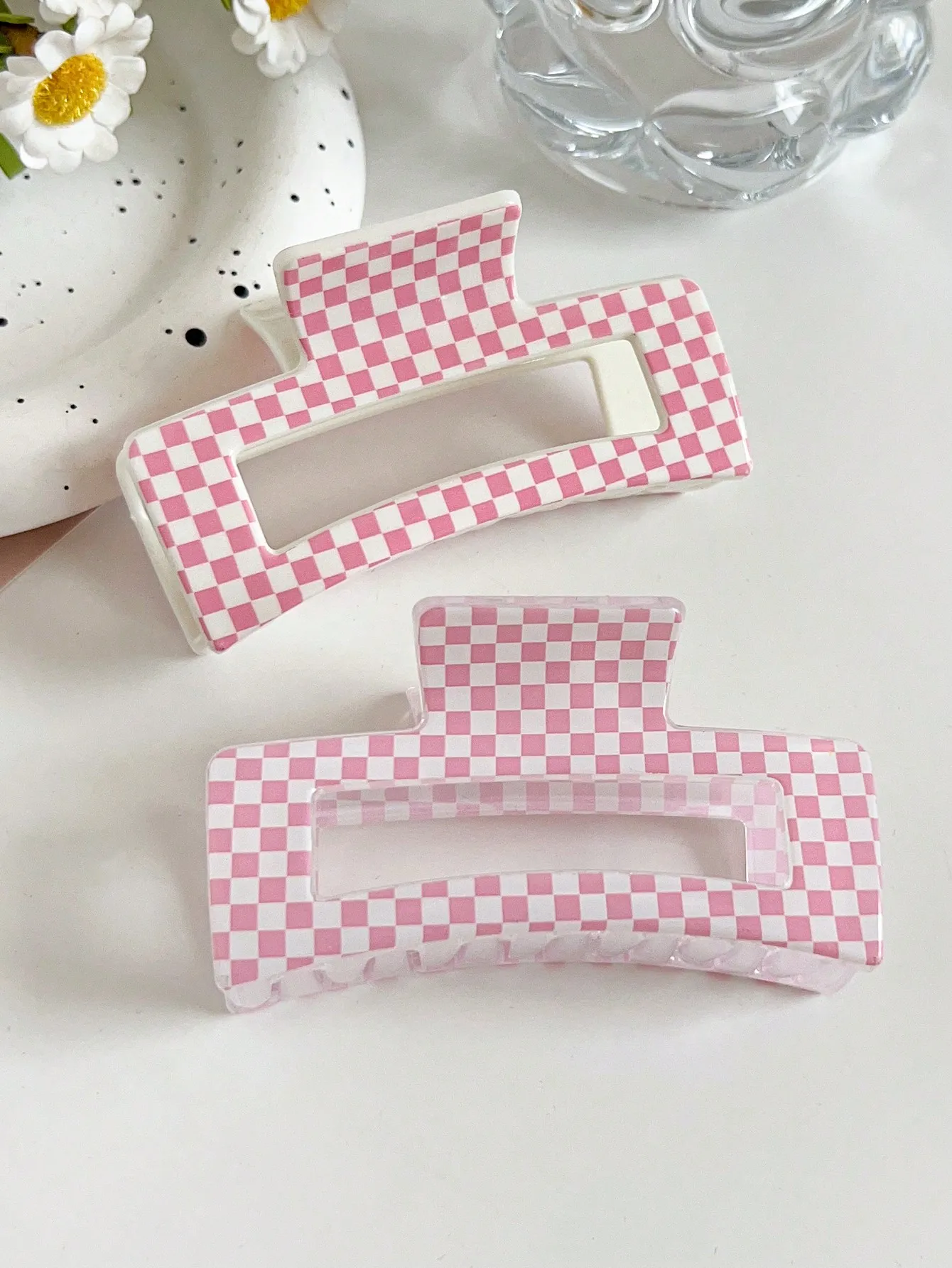 2Pcs Pink Checkered Hair Claw Clips for Women Girls,Non-slip Square Big Clips for Women,Strong Hold jaw clip Thick Thin hair