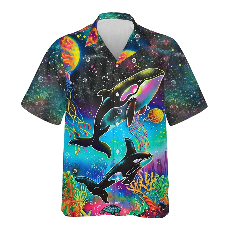 Whale Lovers Shirts For Men Clothes Cartoon Graffiti Art Girls Lapel Blouse Boy Streetwear Orca Whale Short Sleeve Cetacean Tops