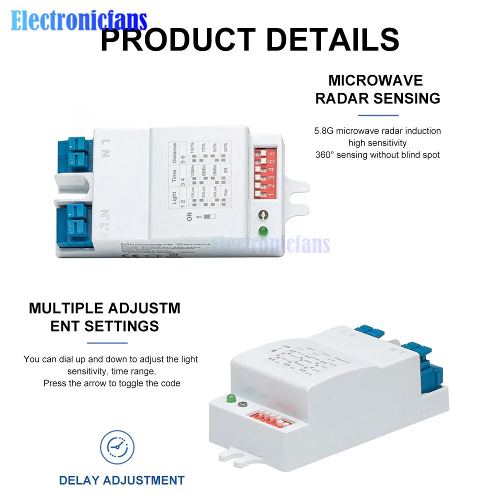 AC220-240V 5.8GHz Microwave Radar Sensor Switch Multi-Adjustment Body Motion Detector High Sensitivity LED Light Sensor Switch