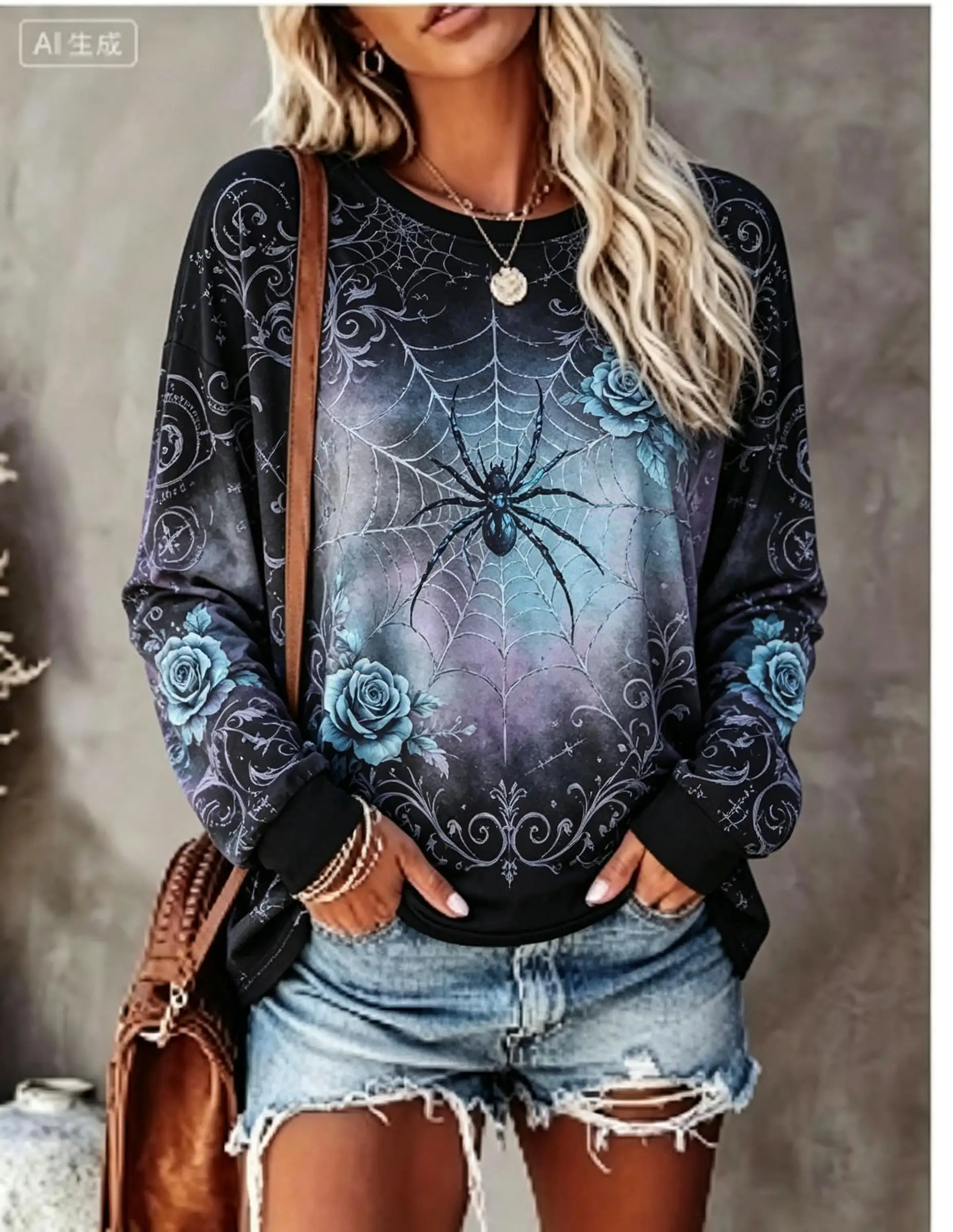 Women Halloween Long Sleeve T‑Shirt Spider Web Bat Floral Green Gradient Gothic Print Crew Neck Tops