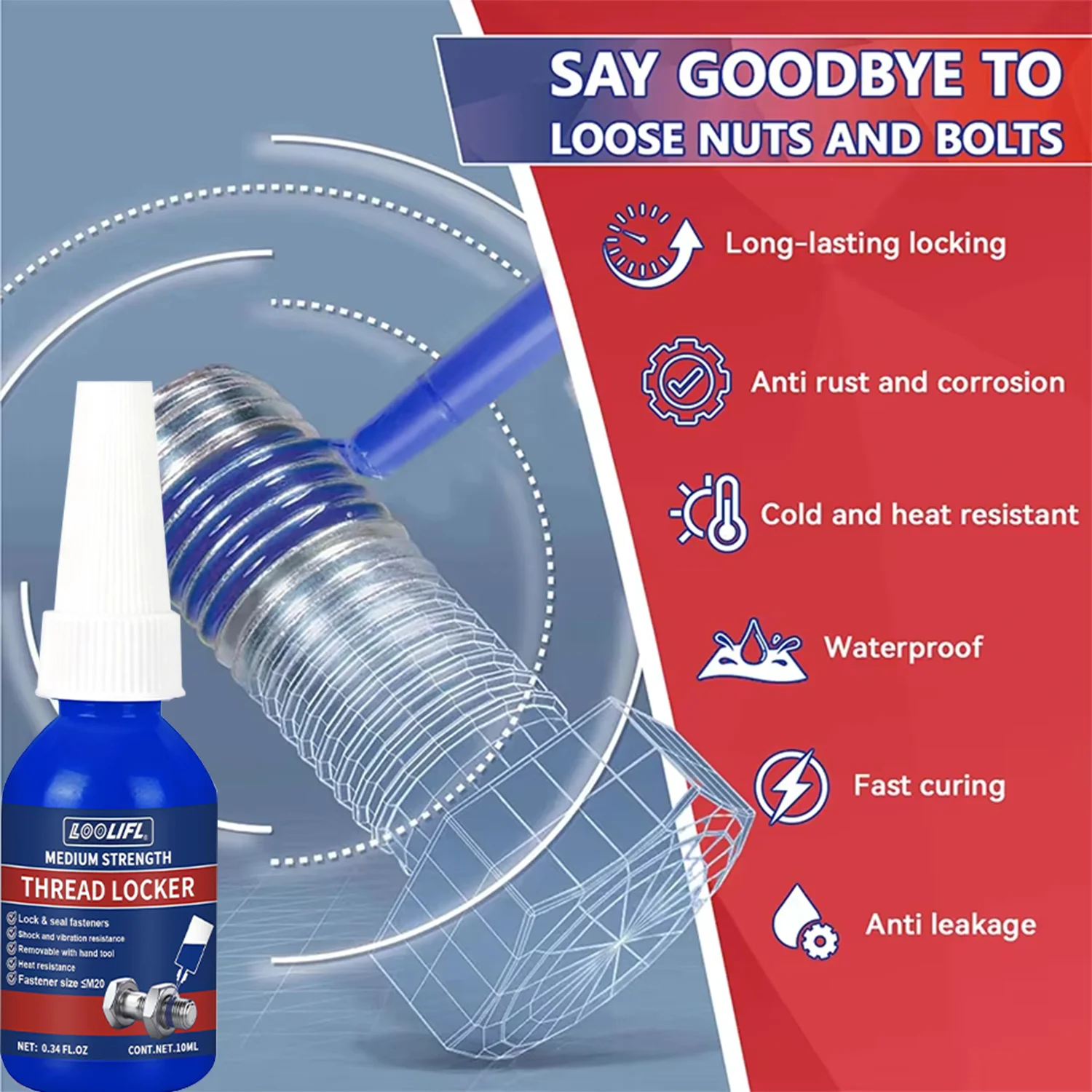 LOOLIFL Blue Thread Locker 243 Nuts-Bolts Locker, Screw Adhesive Lock Tight Seal Fasteners Anaerobic Curing Metal Glue,Rustproof - view 6