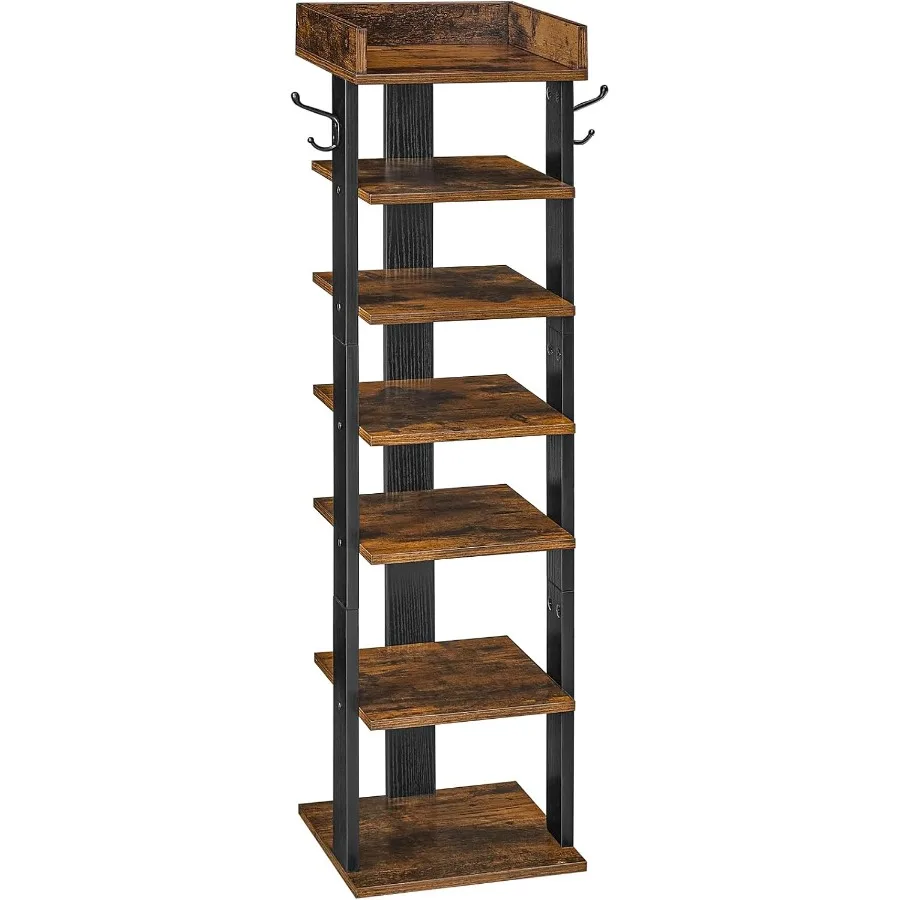 

Вертикальная полка для обуви для передней двери, прихожая, 7-уровневый деревянный органайзер для хранения обуви с крючками, узкая башня для обуви на 7 пар мест