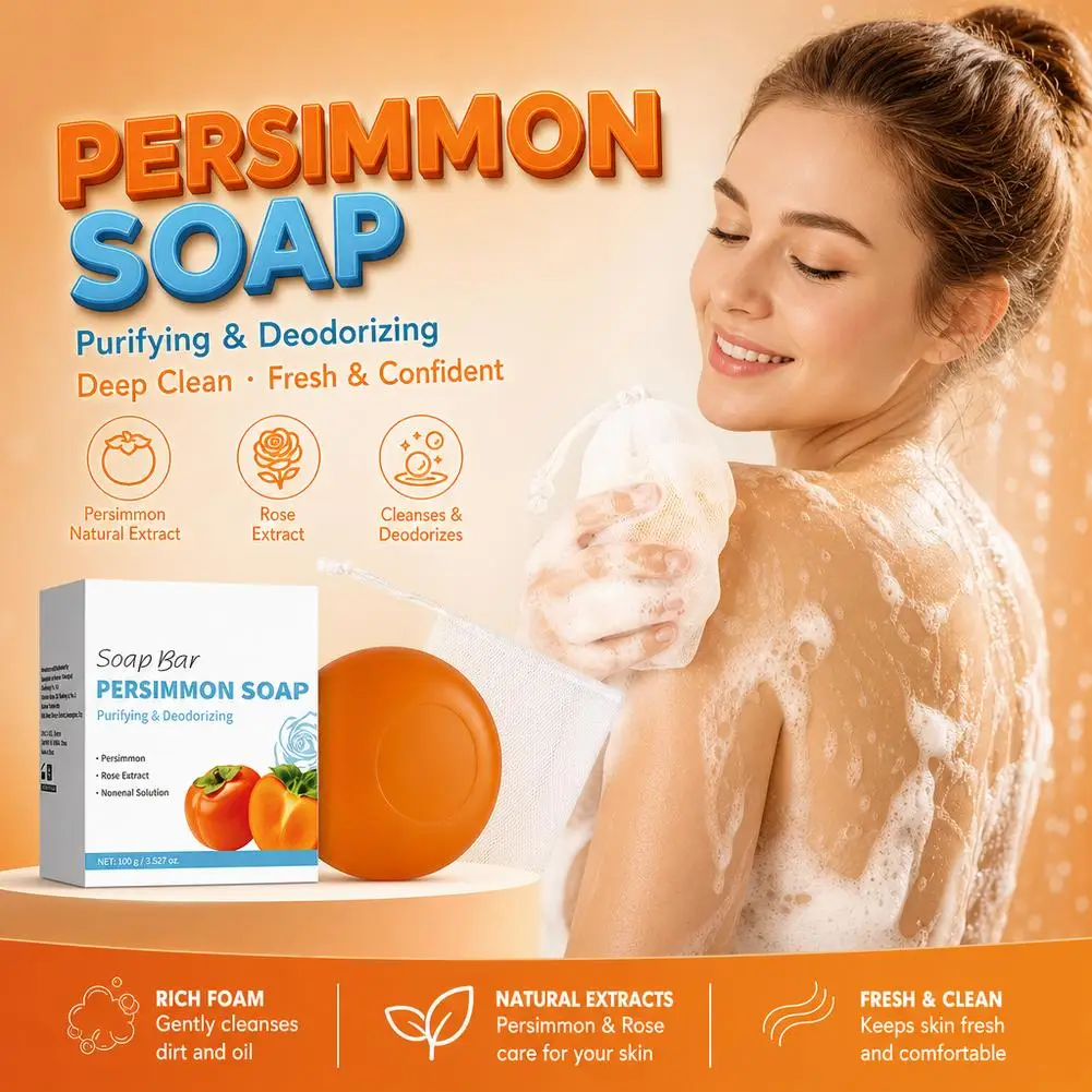 100G Persimmon & Green Tea Soap Bar for Body Odor, Natural Deodorizing For Unisex ,Gentle on All Skin Types Body Odor Soap