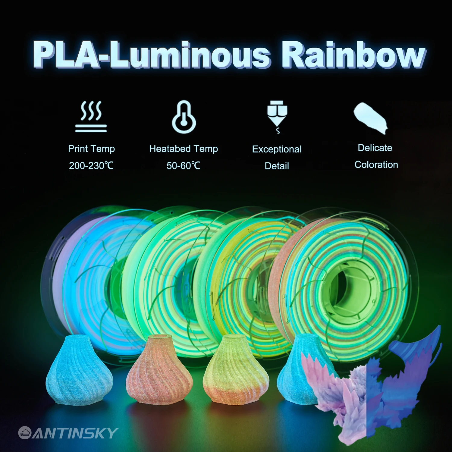 

ANTINSKY 3D Filament PLA-Luminous Rainbow 1.75mm 3D Filament 1KG 3d Printer High Speed Filament Suitable For 3D Print