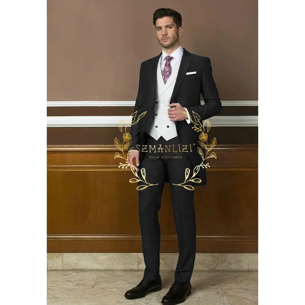 Italia jas pria berekor 3 potong setelan pernikahan untuk pria pengiring pria Set (jaket + celana + rompi) Slim Fit pengantin pria kostum Homme