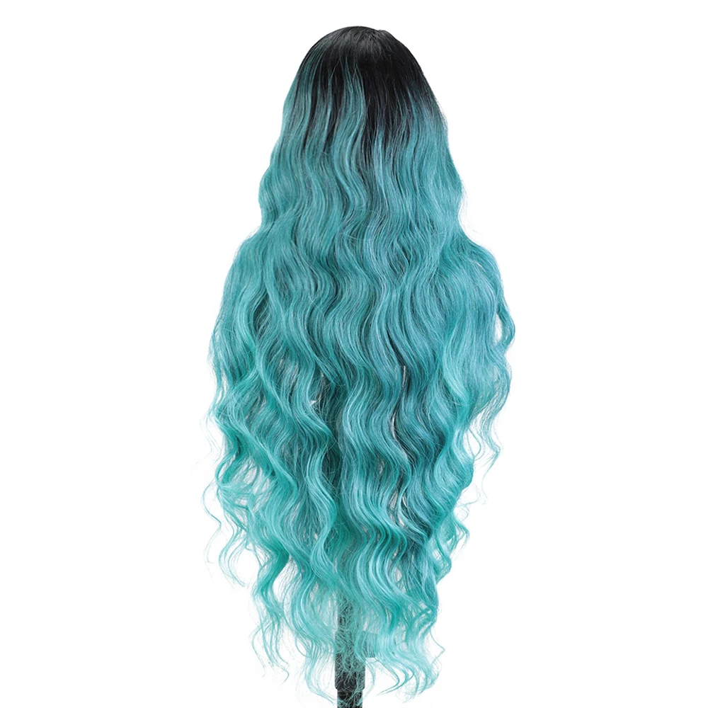 Synthetic Lace Front Wig Ice Blue Green Black Wig Long Wavy 36 \