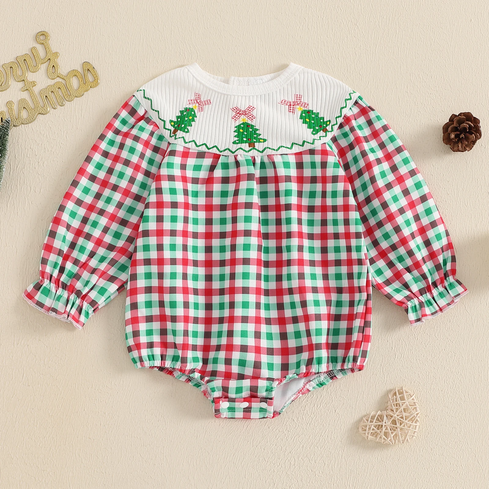 BeQeuewll Newborn Baby Girl Christmas Romper Sweet Style Plaid Print Long Sleeve Infant Bubble Jumpsuit Fall Spring Kids Clothes image 3