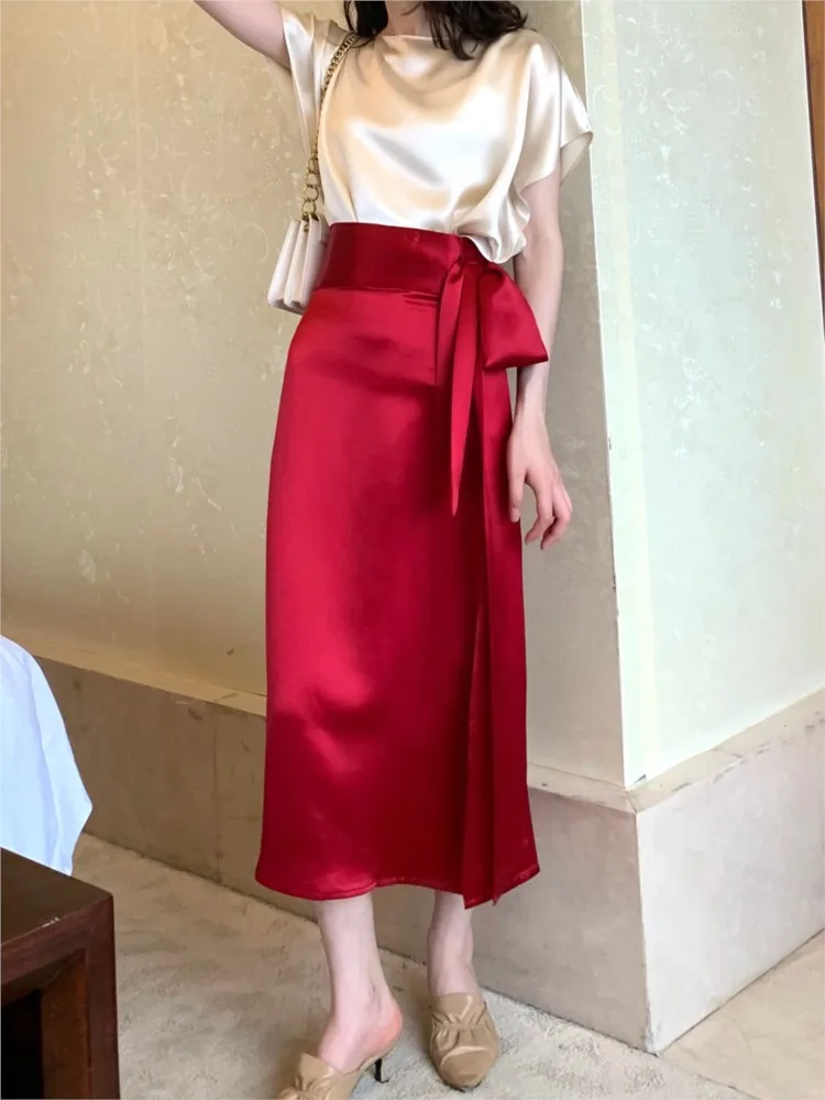 Korean A-line Office Lady Elegant Basic Solid Skirt Fashion Casual Satin Soft Smooth Midi Skirt White 8XL Wide Waistband Apron