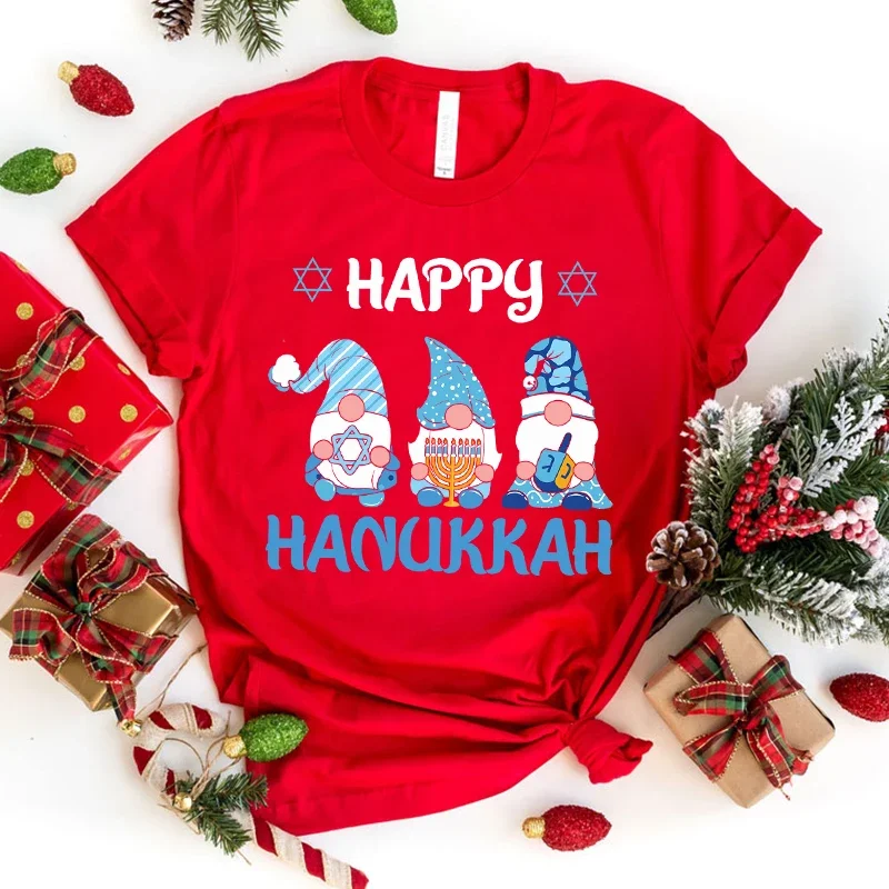 Hot Christmas Gnome Happy Hanukkah Letter Printing T-Shirt Women Fashion Short Sleeve Street Casual Personality Summer T-Shirt