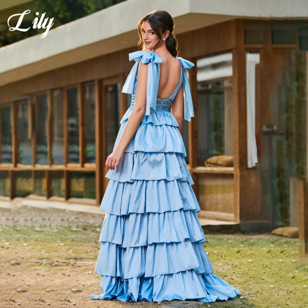 Lily Blue Elegant Formal Gown Deep V-Neck Pleating Prom Dresses Side Split A-Line Layered Evening Dresses for Woman Customized