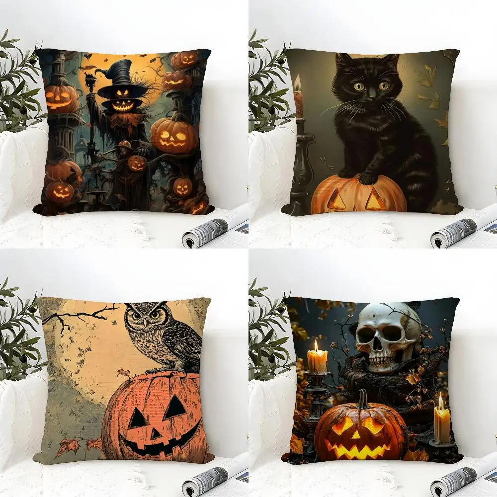 Halloween All Saints Day Cushion Cover Natural Linen Organic Fabric Double-Sided Printing Breathable Perfect Gift For Decor
