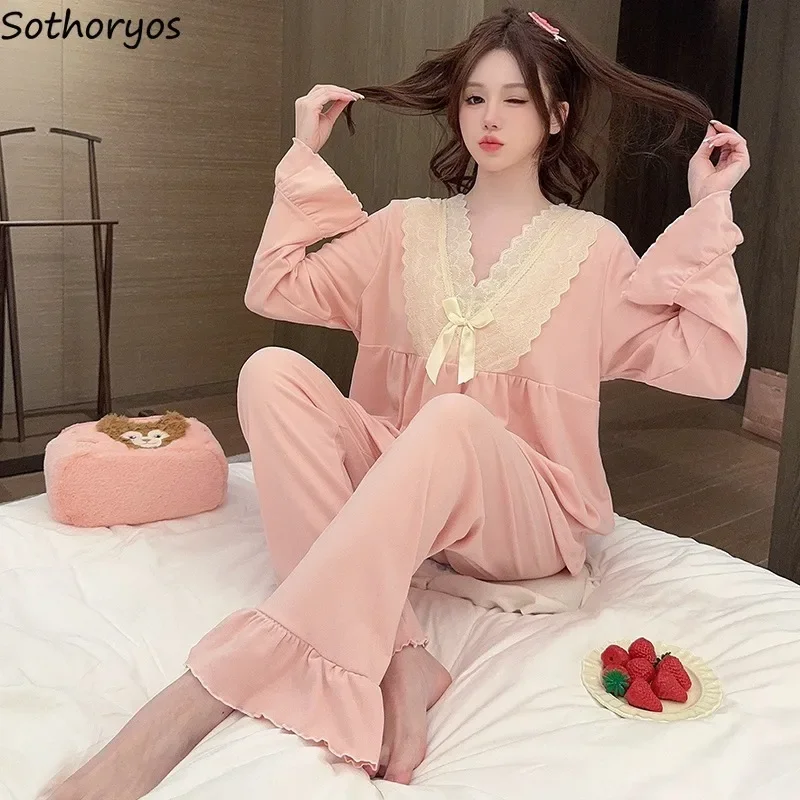 

Pajama Sets Women Velvet Ins V-neck Lace Long Sleeve Trousers Homewear Autumn Elegant Tender Nightwear Sweet Pyjamas Feminino