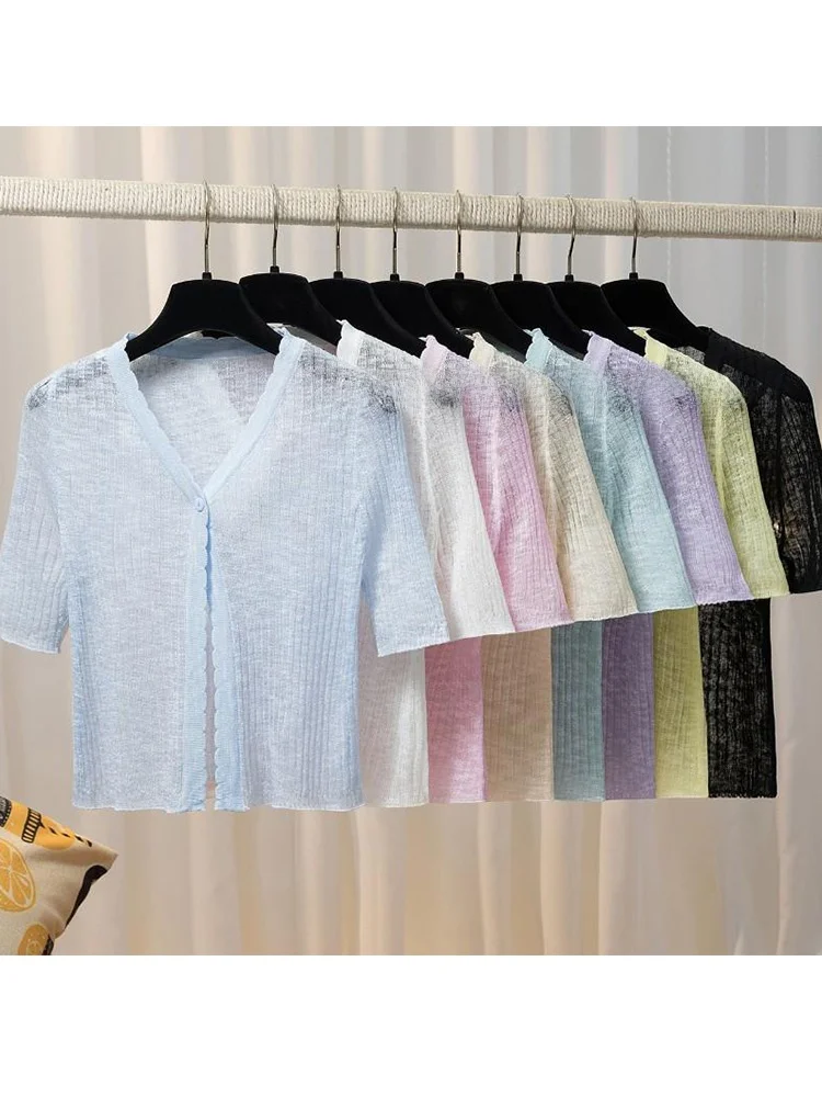 

Ice Silk Sun Protection Knitted Cardigan Women's Thin Shawl Summer Matching Tube Dress Outer Cover Short Sleeve Knitted Jacket