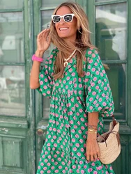 Women Puff Sleeve Boho Maxi Dress Vintage Elegant Fashion Casual Print Floral V-Neck Loose Ladies Holiday Beach Party Vestidos