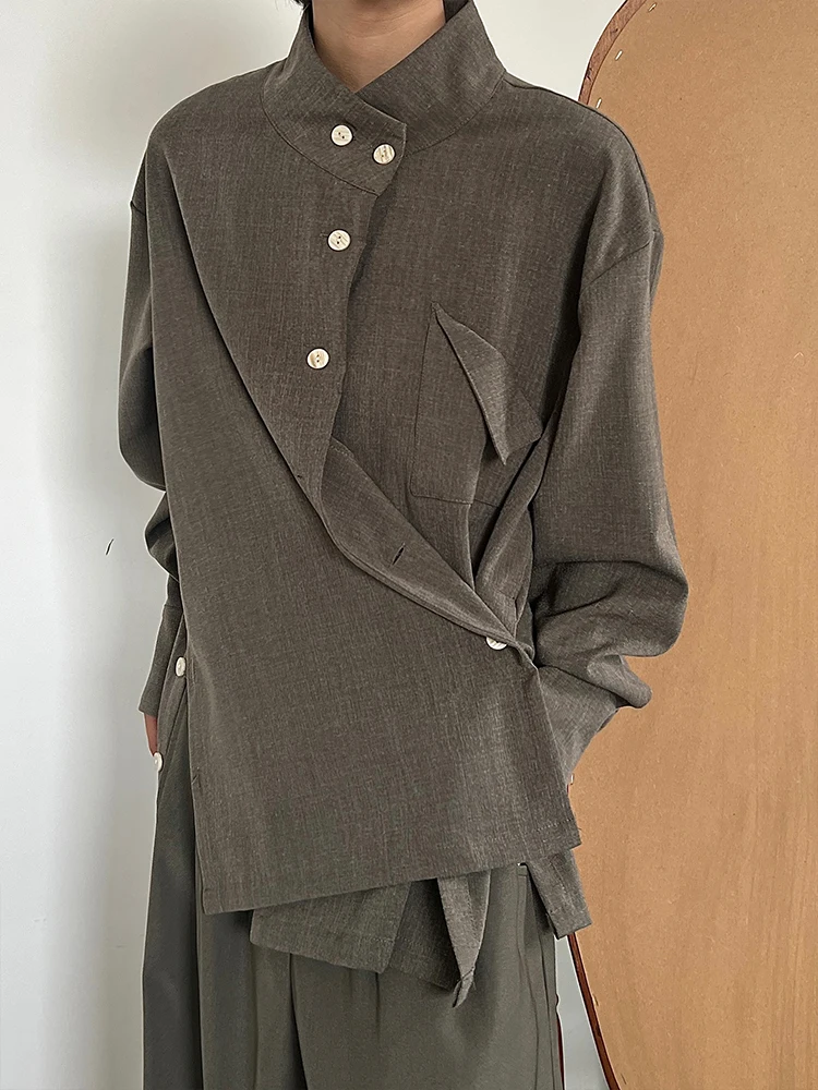 Neuter Style Shirt Vintage Stand Collar Simple Design Side Buttoning Loose Fit Long Sleeve Casual Fashion Autumn Wear