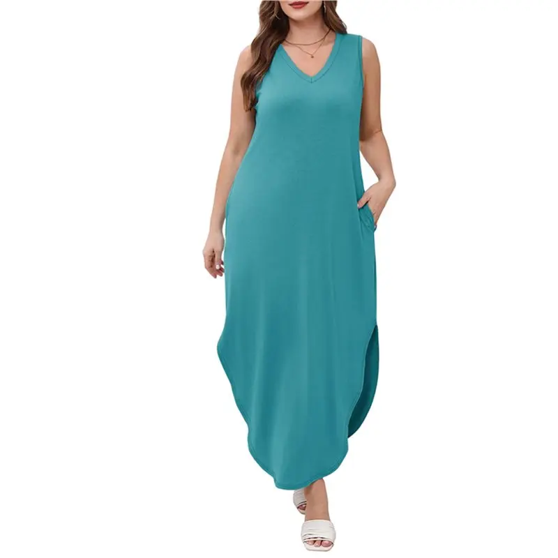 

CYL-Women's Summer Dresses Plain Loose V Neck Sleeveless Sundresses Swimsuit Coverup With Pockets