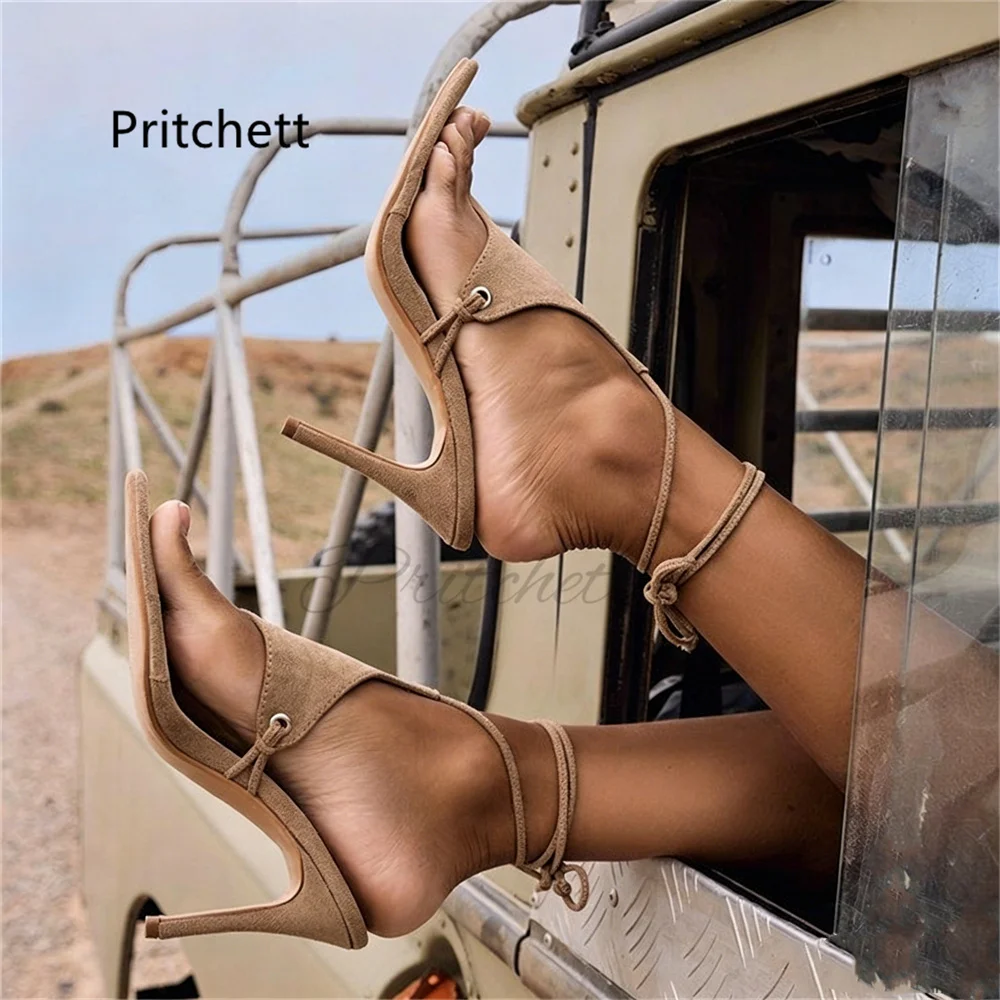 

Suede Wedges Heeled Lace Up Sandals for Women Black Brown 10Cm Thin High Heels Clip Toe Summer Flip-Toe Party Runway Shoes